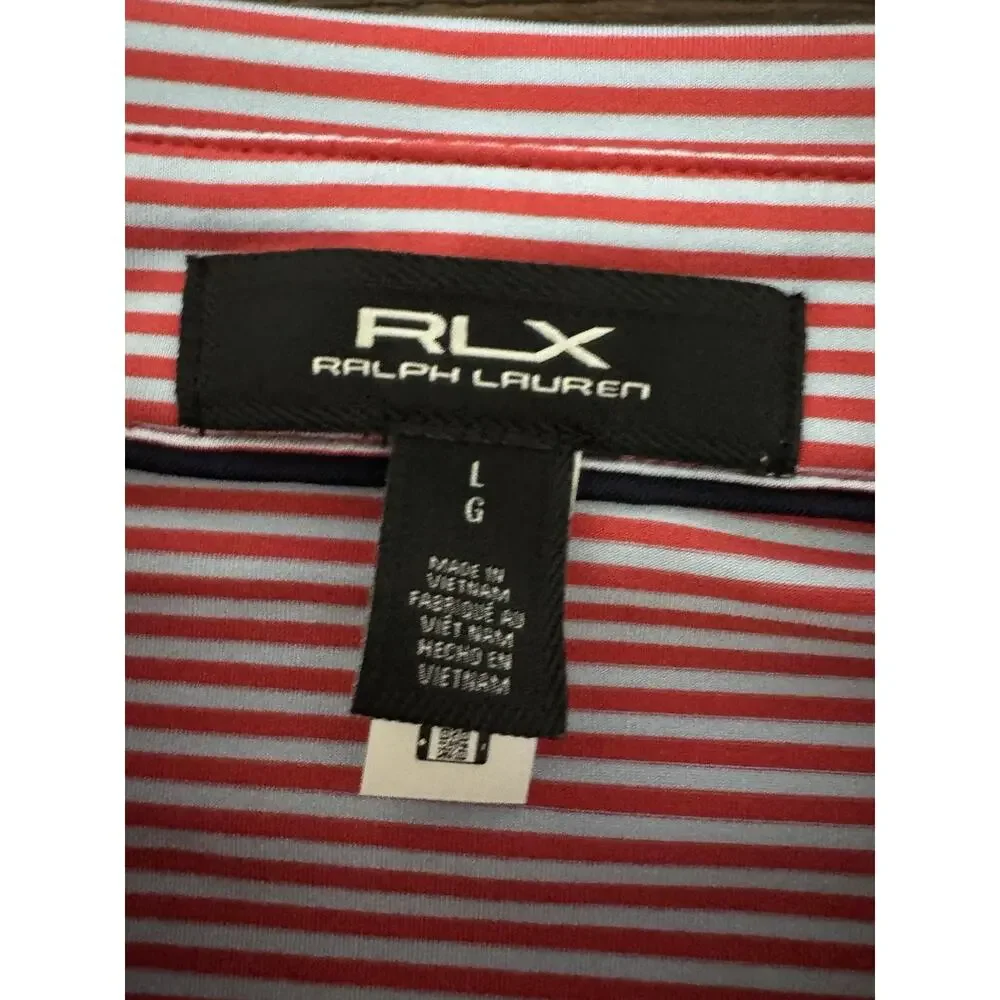 RLX Ralph Lauren Men’s Performance Golf Polo Red Blue Stripe Logo Large